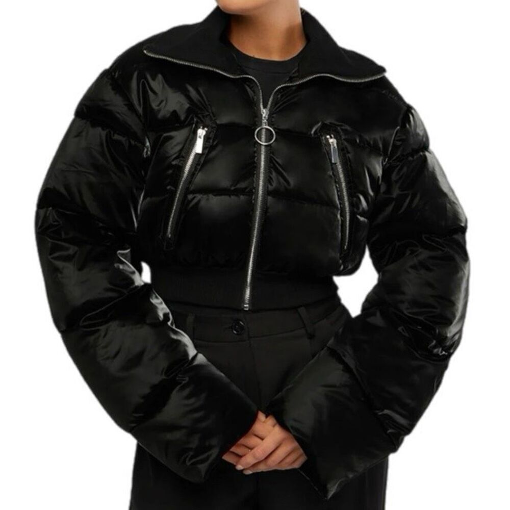 NWT WeWoreWhat  Black Cropped Puffer Jacket. Size S